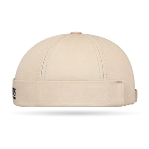 Bonnet docker en toile beige avec imprimé SDS et sangle réglable, vue de studio