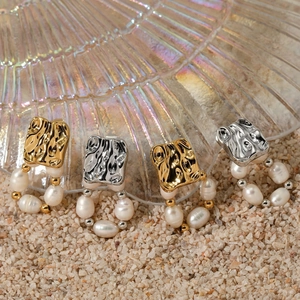Set of gold and silver irregular square earrings with natural freshwater pearl pendants