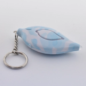 Blue camouflage leaf-shaped personal alarm with metal keychain and built-in LED light