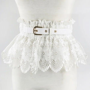 Elegant white floral lace corset belt with slim faux leather strap and golden buckle