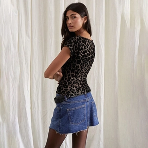 Sheer mesh leopard print short sleeve top for women with vintage flocking design