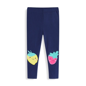 Girls dark blue cotton leggings featuring cute cartoon lemon and strawberry patches
