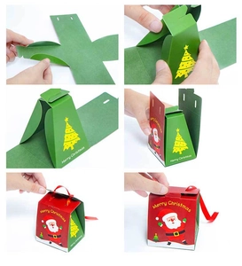 Step-by-step assembly guide for red and green folding Christmas gift boxes