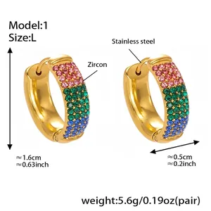 Detailed view of stainless steel hoop earrings with pink green and blue cubic zirconia stones