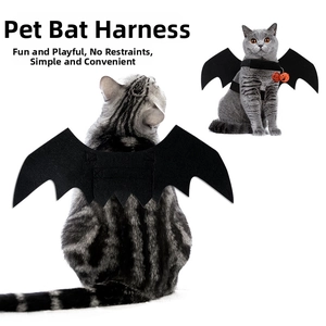 Detail of bat wing harness for cats featuring black felt fabric and pumpkin bell