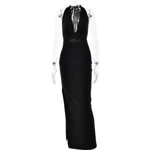 Sexy black deep V-neck halter maxi dress with backless design and stylish side slit
