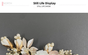 Macro detail of bridal hair comb featuring golden leaves and white resin flowers