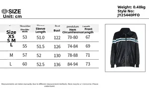 Size chart for black vintage street style jacket with detailed measurements for women