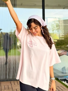 Pink oversized cotton T-shirt for women with Girls Just Wanna Have Fun slogan print