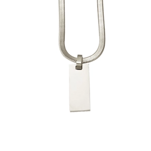 Polished silver stainless steel rectangular pendant on a flat herringbone snake chain