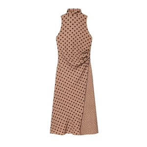 Polka Dot Midi Dress Polyester High Neck Bow Tie Sleeveless Ruched Elegant Summer Bodycon Apparel For Women