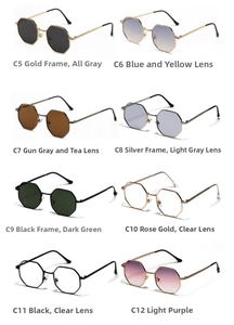 Detailed grid of octagonal retro metal frame sunglasses in eight diverse color options