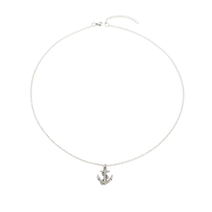 Detail shot of silver anchor pendant with stainless steel cross chain and lobster clasp
