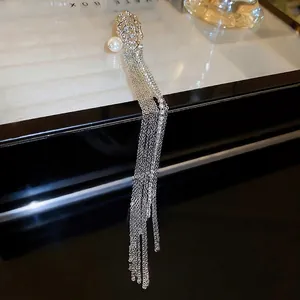Elegant silver tassel earrings with rose hollow design and pearl for non-pierced ears