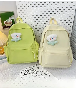Close-up of minimalist nylon backpack details with cute plush puppy patch and side pockets