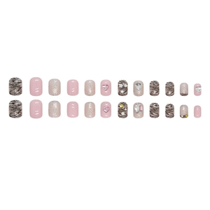 Pink heart and star 24pcs press-on nails set with zebra pattern and glitter accents