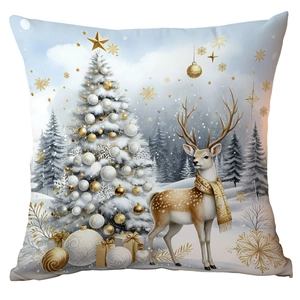 Christmas pillowcase featuring white trees, reindeer, and gold gift boxes on a snowy forest backdrop