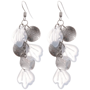 Long shell tassel earrings with silver metal disks for beach vacation style elegant look