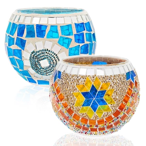 Exquisite handmade mosaic glass candle holders with vibrant blue and orange bead patterns