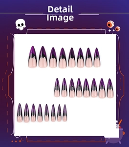 Macro shot of 24pcs 3D Halloween stiletto press-on nails with purple glitter spider motifs