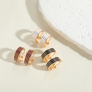 French vintage 14K gold plated striped enamel C-shape hoop earrings for women