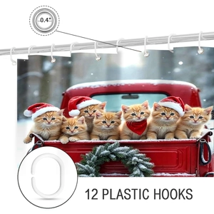Detail of Christmas shower curtain featuring metal grommets and 12 included plastic hooks
