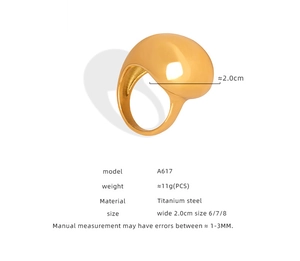 Detailed view of large gold titanium steel chunky ring with 2.0cm width and 11g weight specs