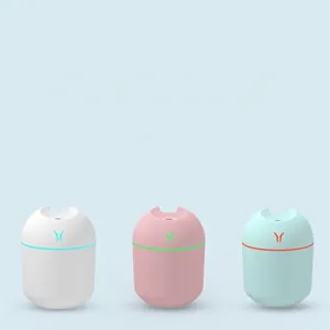 Mini portable USB humidifier with colorful LED light in white pink and cyan colors