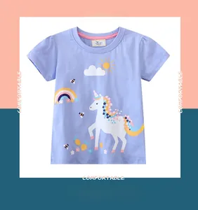 Detail of lavender girls' cotton T-shirt featuring cartoon unicorn and rainbow prints