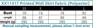 Size chart for printed midi dress showing measurements for XS, S, M, and L sizes