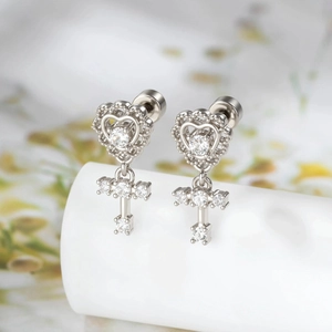 Titanium Steel Heart Cross Cartilage Piercing Earring Cubic Zirconia Screw Back Helix Stud Vintage Dainty Jewelry For Women