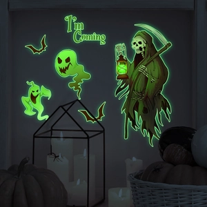 Luminous Halloween wall stickers featuring glowing reaper, ghost, and bats in the dark