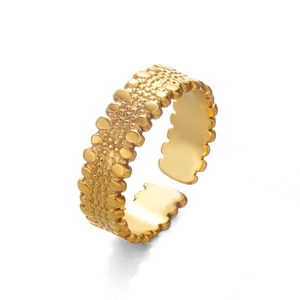 Adjustable golden geometric stainless steel open ring with granulated texture finish