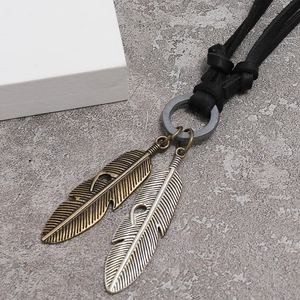 Adjustable leather necklace featuring bronze and silver alloy feather pendants for men