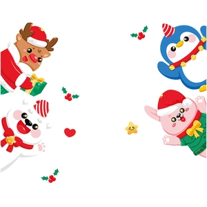 Christmas window stickers with cartoon reindeer, penguin, polar bear and rabbit holiday decor