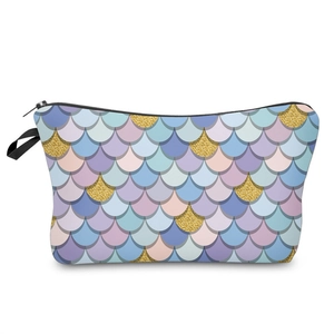 Multipurpose mermaid fish scale makeup bag with macaron colors and gold glitter detail
