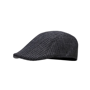 Classic dark grey plaid flat cap in wool fabric with vintage newsboy style for men and women