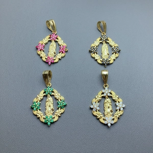 Vintage Guadalupe pendants in gold with zircon borders in red, black, green, and white
