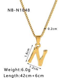 Detailed view of 18k gold plated letter N pendant necklace with dimensions and size specs