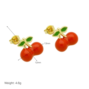 Detail shot of cherry earrings with dimensions 13mm by 12mm and 4.6g weight info