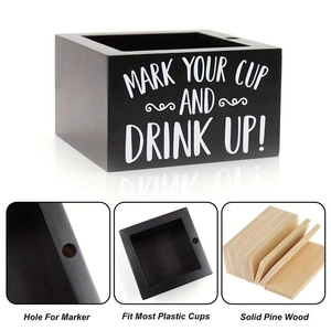 Black pine wood cup organizer with pen holder and Mark Your Cup printed text