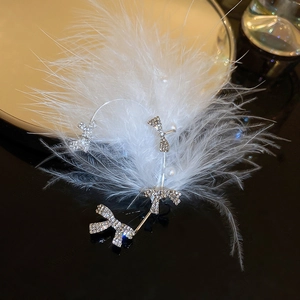 Detailed close-up of a silver bow earring with sparkling diamonds and white feathers