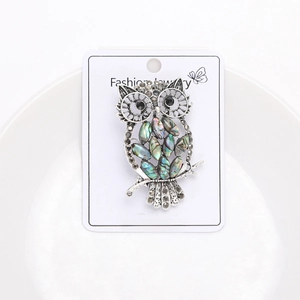 Macro shot of silver owl brooch with abalone shell inlay and rhinestones on white plate
