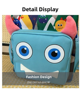 Detail view of cartoon monster backpack with 3D horns and embroidered facial features