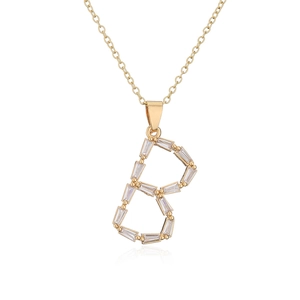 Detailed close-up of 18K gold-plated necklace with a crystal-studded letter B pendant