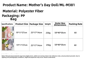Detailed size and weight chart for Mother's Day glowing tulip gnome plush toys