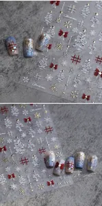 Detailed Christmas nail art stickers M-819 with gold snowflakes and red bow designs