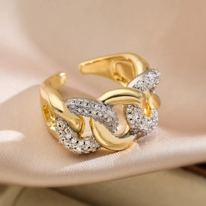 Elegant two-tone gold and silver plated geometric open ring with cubic zirconia on silk