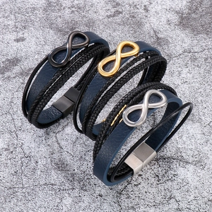 Men Multilayer Braided Leather Bracelet Stainless Steel Infinity Symbol Magnetic Buckle Punk Style Wristband