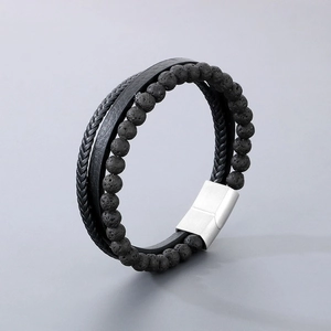 Handmade multilayer men's bracelet with black volcanic stone beads and silver magnetic clasp